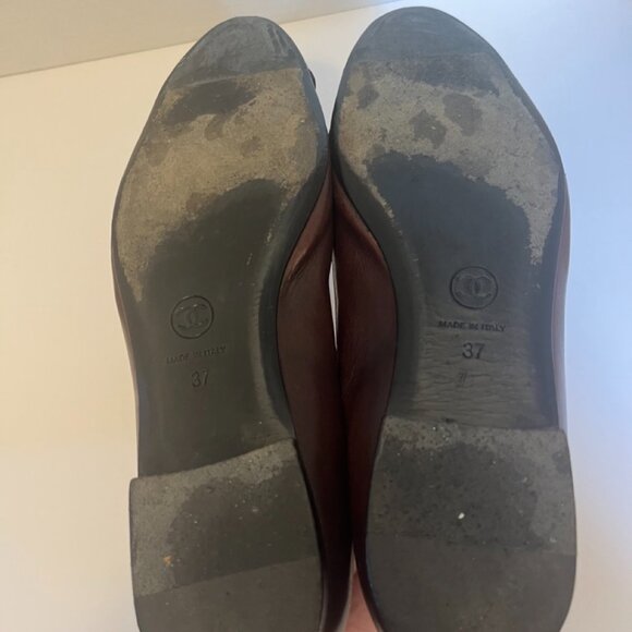 Chanel Leather Dark Brown Cap Toe Metal CC Flats Chocolate Shoes EU 37 / US 7 - Picture 7 of 11
